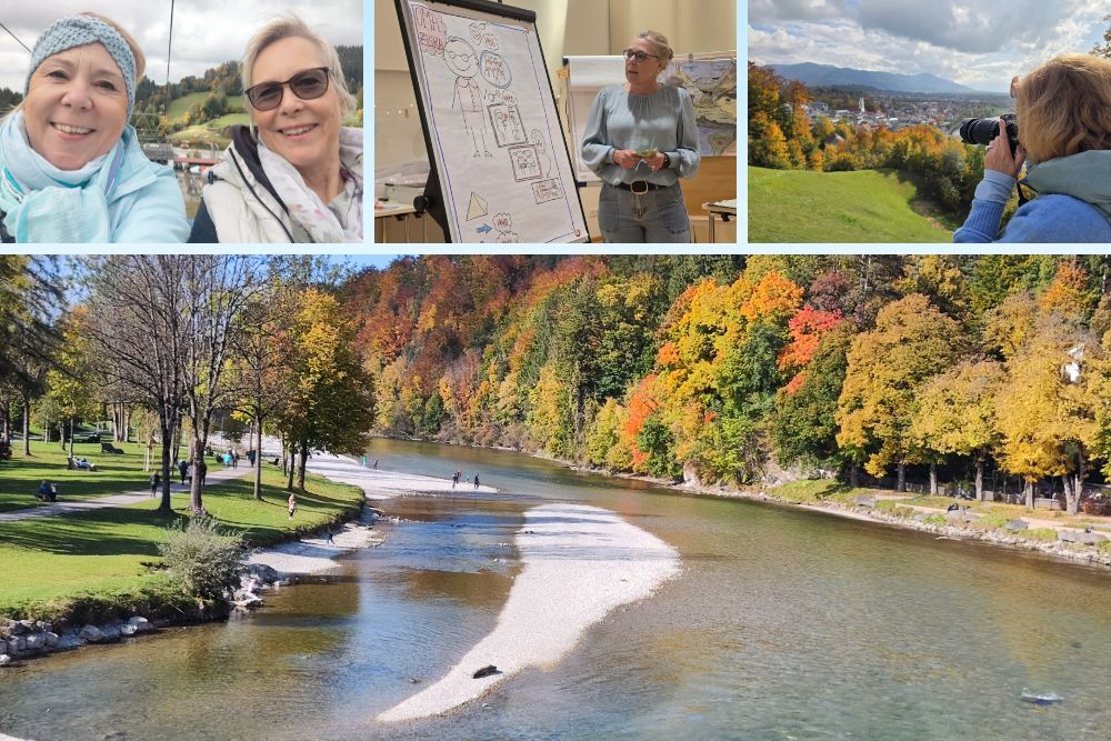 Landschaftsbilder und präsentierende Frau auf einer Bildungsreise in Bad Tölz.